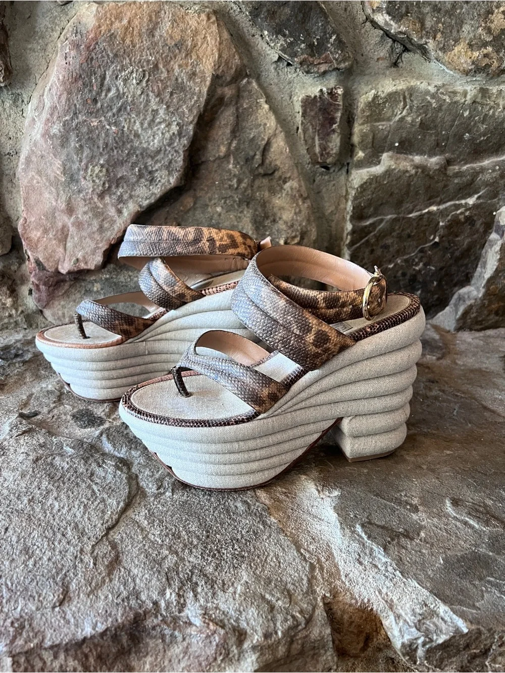 Ferragamo Rey Platform Ankle-Strap Sandal in Brown animal print